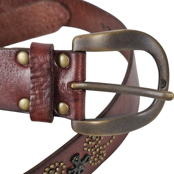 Fossil brown leather belt brass buckle studs size Large - Picture 1 of 9